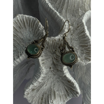 Vintage 925 Sterling Silver Jade Earrings Length 1.40 Inch