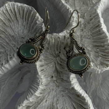 Vintage 925 Sterling Silver Jade Earrings Length 1.40 Inch