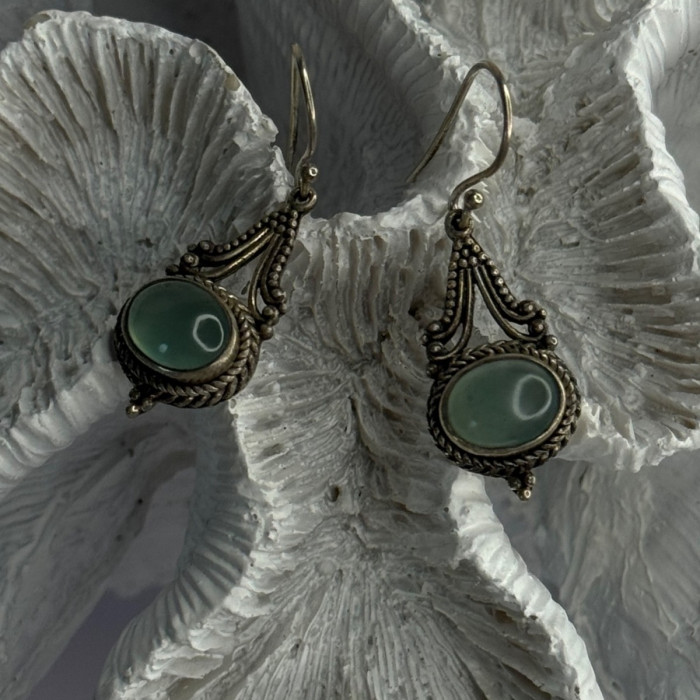 Vintage 925 Sterling Silver Jade Earrings Length 1.40 Inch
