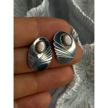 Vintage 925 Sterling Silver Pink Abalone Earrings Length 0.80 Inch