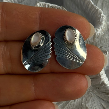 Vintage 925 Sterling Silver Pink Abalone Earrings Length 0.80 Inch