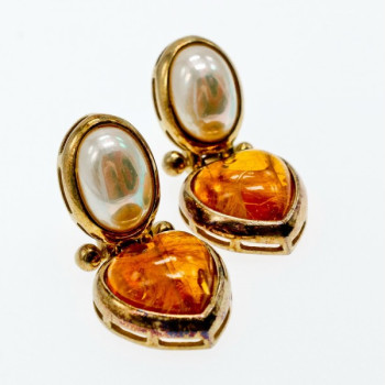 Vintage 800 Silver Gold Plated Amber & Mother OF Pearl 