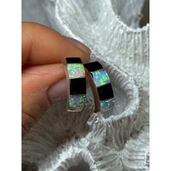 925 Sterling Silver Opal & Black Enamel Earrings Length 0.7 Inch