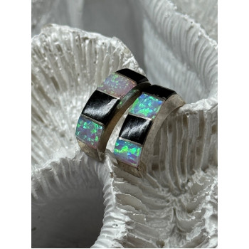 925 Sterling Silver Opal & Black Enamel Earrings Length 0.7 Inch