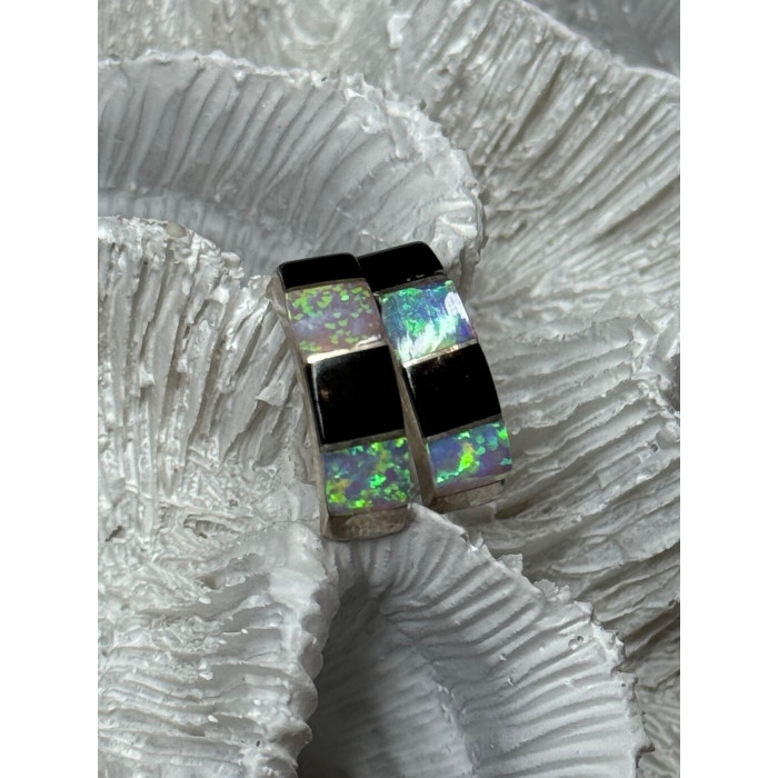 925 Sterling Silver Opal & Black Enamel Earrings Length 0.7 Inch