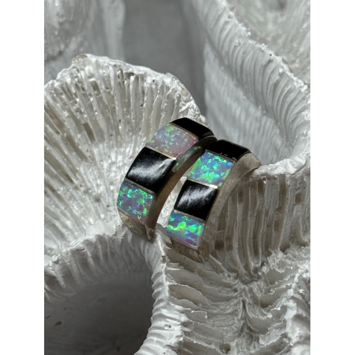 925 Sterling Silver Opal & Black Enamel Earrings Length 0.7 Inch