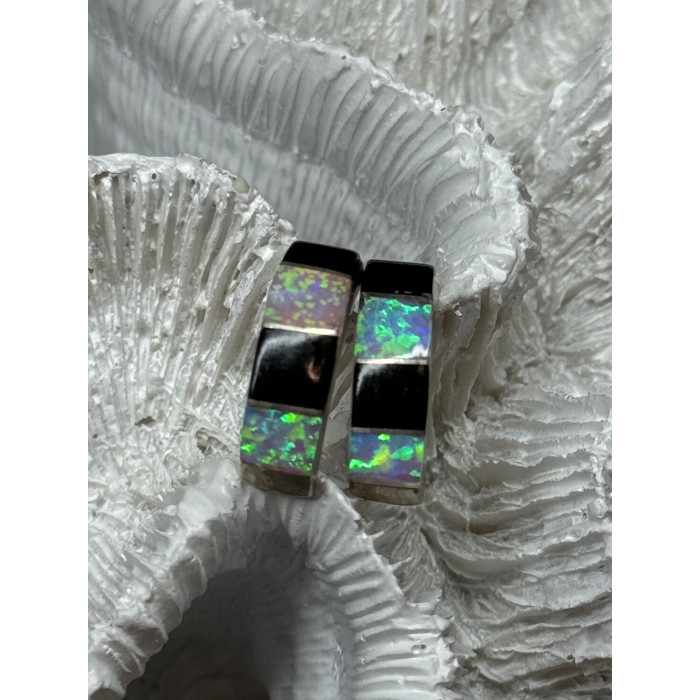 925 Sterling Silver Opal & Black Enamel Earrings Length 0.7 Inch