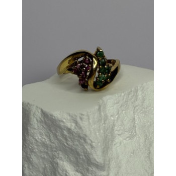 925 Sterling Silver Gold Plated Ruby & Emerald Ring Size 8