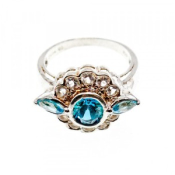 925 Sterling Silver Aquamarine & Goshenite Ring Size 9