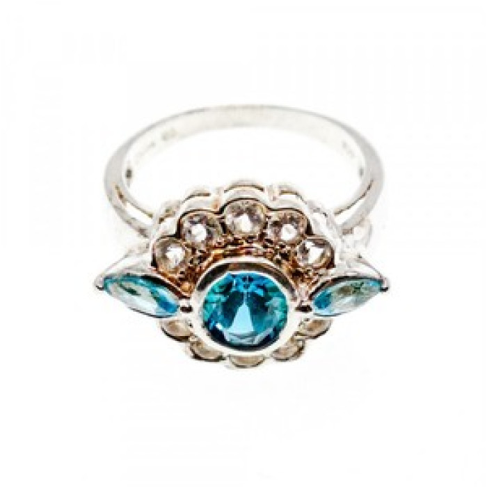 925 Sterling Silver Aquamarine & Goshenite Ring Size 9