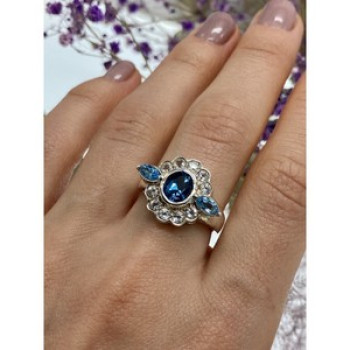 925 Sterling Silver Aquamarine & Goshenite Ring Size 9