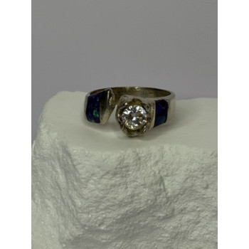 Vintage 925 Sterling Silver Beryl & Opal Ring Size 7