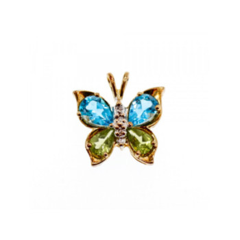 14K YELLOW GOLD TOPAZ, PERIDOT & DIAMONDS BUTTERFLY PENDANT
