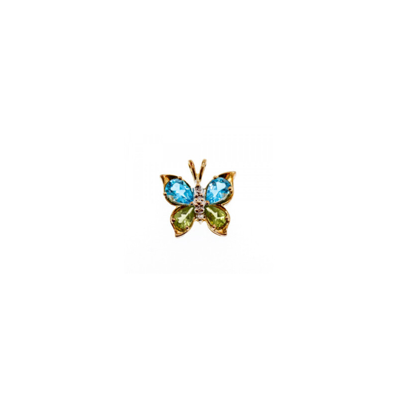 14K YELLOW GOLD TOPAZ, PERIDOT & DIAMONDS BUTTERFLY PENDANT