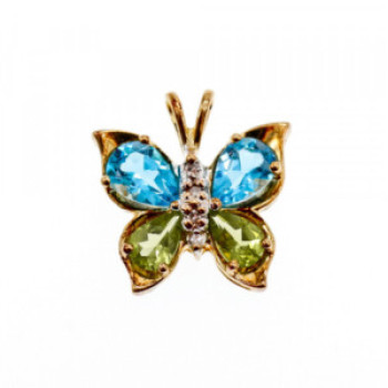 14K Yellow Gold Topaz, Peridot & Diamonds Butterfly Pendant