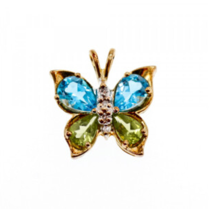 14K Yellow Gold Topaz, Peridot & Diamonds Butterfly Pendant