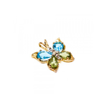 14K YELLOW GOLD TOPAZ, PERIDOT & DIAMONDS BUTTERFLY PENDANT