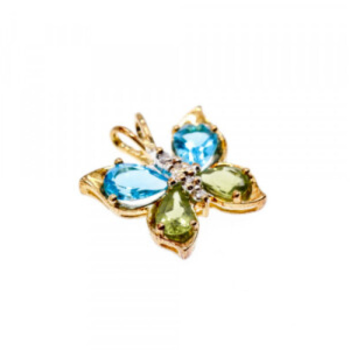 14K Yellow Gold Topaz, Peridot & Diamonds Butterfly Pendant