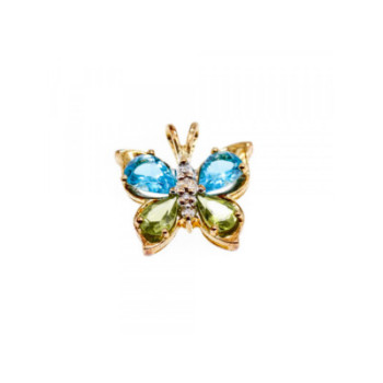 14K YELLOW GOLD TOPAZ, PERIDOT & DIAMONDS BUTTERFLY PENDANT