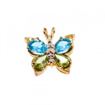 14K Yellow Gold Topaz, Peridot & Diamonds Butterfly Pendant