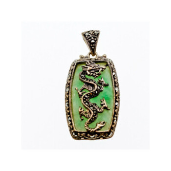 925 Sterling Silver Nephrite & Marcasites Dragon Pendant