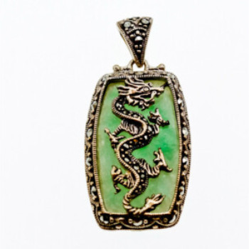 925 Sterling Silver Nephrite & Marcasites Dragon Pendant