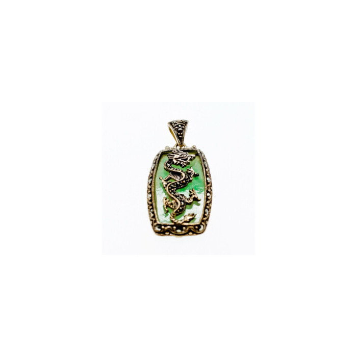 925 Sterling Silver Nephrite & Marcasites Dragon Pendant