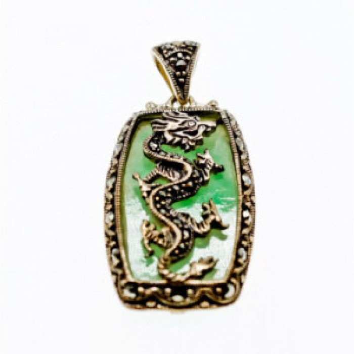 925 Sterling Silver Nephrite & Marcasites Dragon Pendant