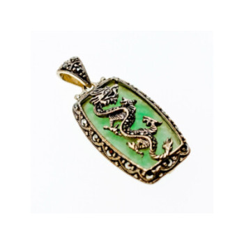 925 Sterling Silver Nephrite & Marcasites Dragon Pendant