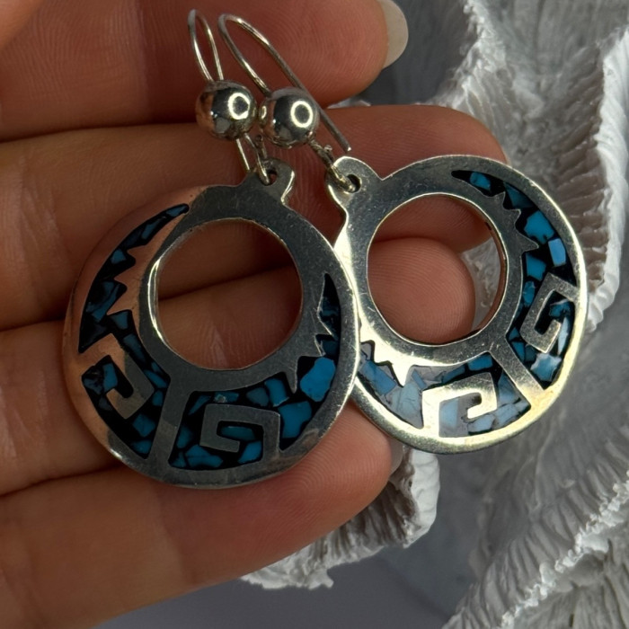 Vintage Mexico 925 Sterling Silver Turquoise Earrings Length 2 Inch