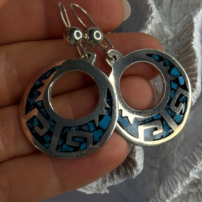 Vintage Mexico 925 Sterling Silver Turquoise Earrings Length 2 Inch