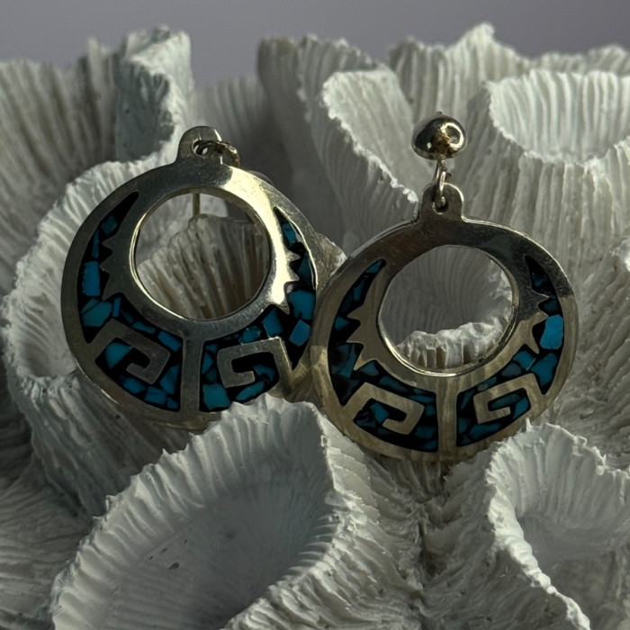 Vintage Mexico 925 Sterling Silver Turquoise Earrings Length 2 Inch