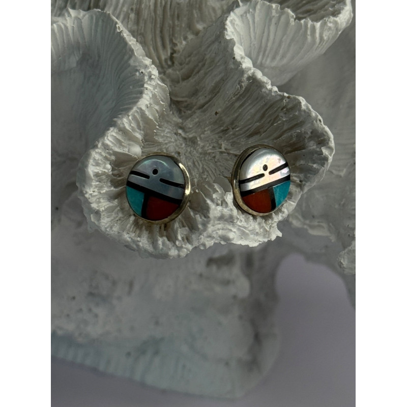 Vintage Native American 925 Sterling Silver Zuni Multi Gemstone Earrings