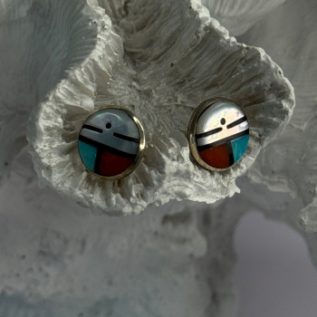 Vintage Native American 925 Sterling Silver Zuni Multi Gemstone Earrings