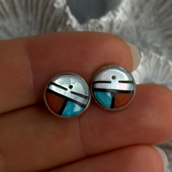 Vintage Native American 925 Sterling Silver Zuni Multi Gemstone Earrings