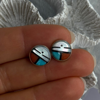 Vintage Native American 925 Sterling Silver Zuni Multi Gemstone Earrings
