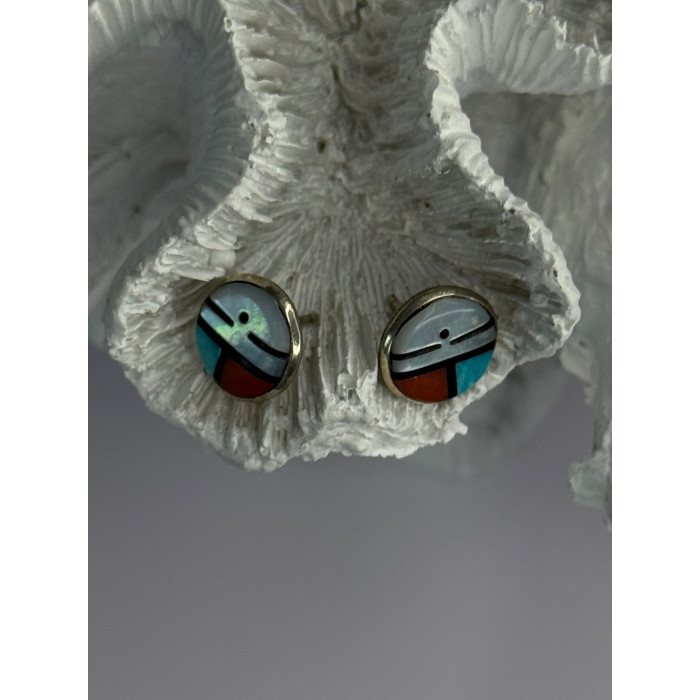 Vintage Native American 925 Sterling Silver Zuni Multi Gemstone Earrings