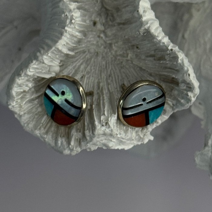 Vintage Native American 925 Sterling Silver Zuni Multi Gemstone Earrings