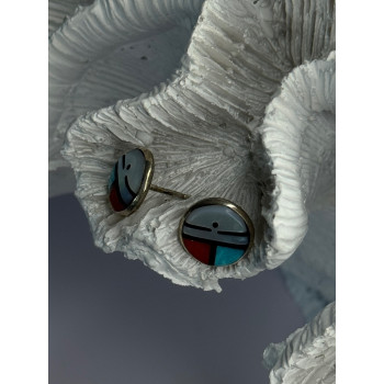 Vintage Native American 925 Sterling Silver Zuni Multi Gemstone Earrings