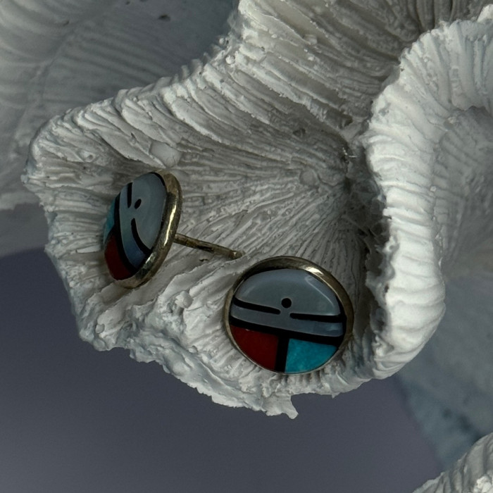 Vintage Native American 925 Sterling Silver Zuni Multi Gemstone Earrings