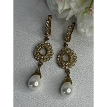GOLD PLATED PEARL & CZ EARRINGS LENGTH 2.60 INCH