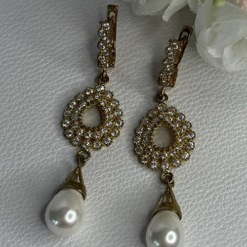 GOLD PLATED PEARL & CZ EARRINGS LENGTH 2.60 INCH