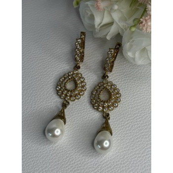 GOLD PLATED PEARL & CZ EARRINGS LENGTH 2.60 INCH