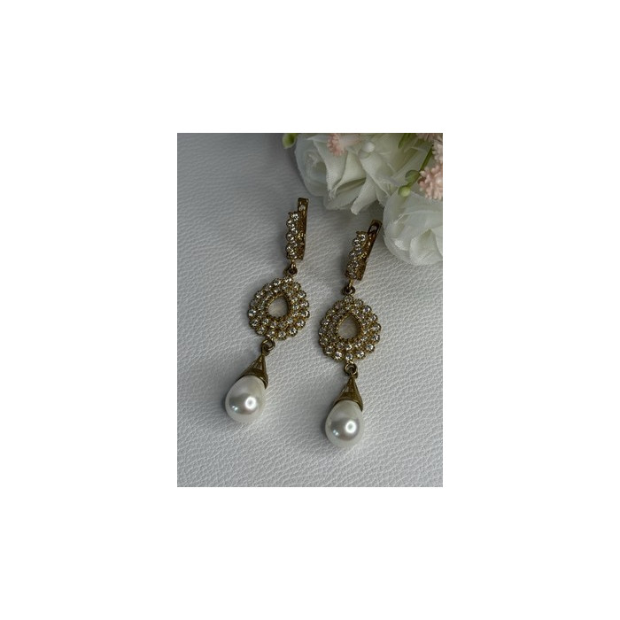 GOLD PLATED PEARL & CZ EARRINGS LENGTH 2.60 INCH