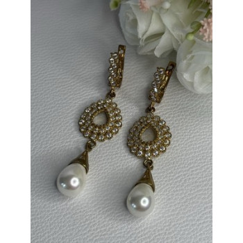 GOLD PLATED PEARL & CZ EARRINGS LENGTH 2.60 INCH