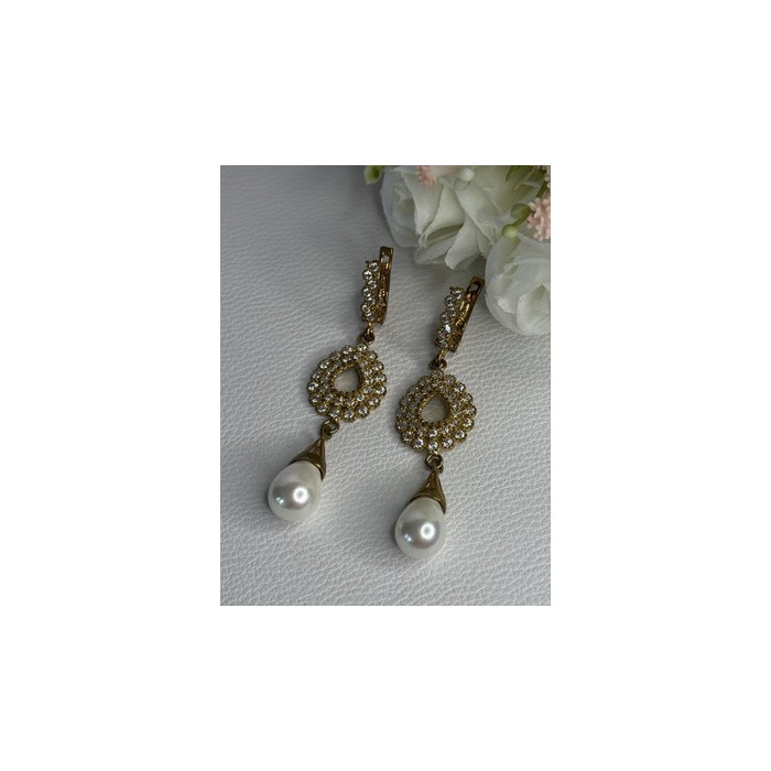 GOLD PLATED PEARL & CZ EARRINGS LENGTH 2.60 INCH