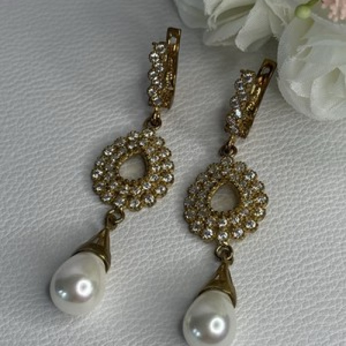 GOLD PLATED PEARL & CZ EARRINGS LENGTH 2.60 INCH