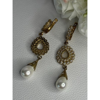 GOLD PLATED PEARL & CZ EARRINGS LENGTH 2.60 INCH