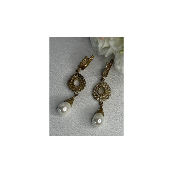GOLD PLATED PEARL & CZ EARRINGS LENGTH 2.60 INCH