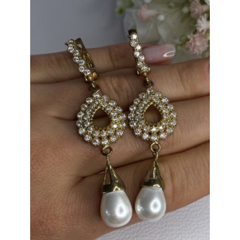 GOLD PLATED PEARL & CZ EARRINGS LENGTH 2.60 INCH